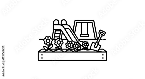 Children's playground with slide, swing, sandbox, and flowers, line art icon