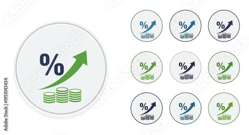Infographic elements depicting rising interest rates and economic growth with percentage symbols, arrows, and stacked coins on a white background with a financial chart and statistics.