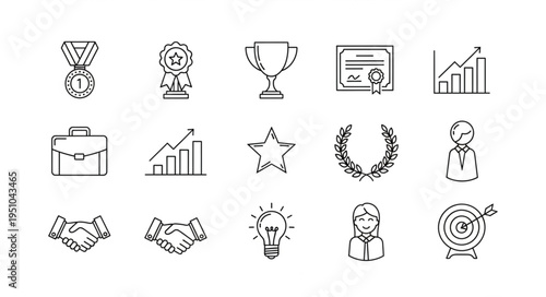Collection of business and success related hand drawn icons.