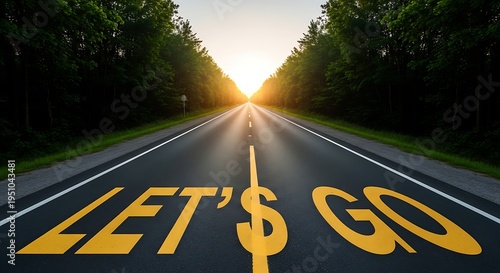 Empty road with yellow text lets go and dollar sign at sunset