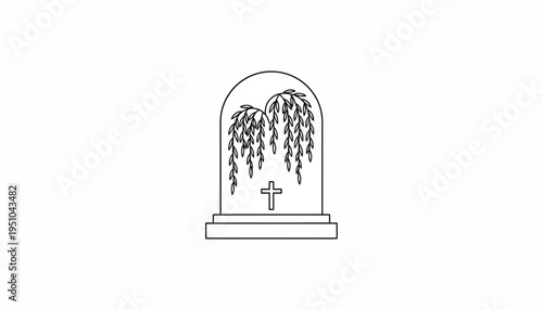 Christian cross with weeping willow tree under glass dome, memorial, grief, sympathy, religious symbol