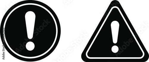 Exclamation mark warning icon set with circle and triangle shapes, black hazard alert, attention vector illustration concept