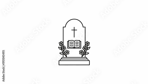 Christian Tombstone with Open Bible and Flowers, Religious Symbol of Faith and Remembrance