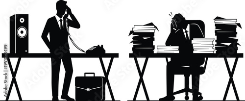 businessman office stress and work overload silhouettes, corporate employee calling phone and paperwork pressure concept illustration set