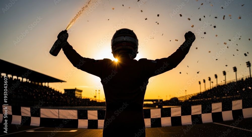 Obraz premium A triumphant racing driver silhouette at sunset, celebrating victory on the track by spraying champagne and raising fists in front of a checkered flag.