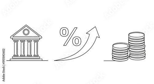 A line drawing of a bank building with an upward arrow and increasing percent sign leading to stacked coins, illustrating rising interest rates and monetary policy.