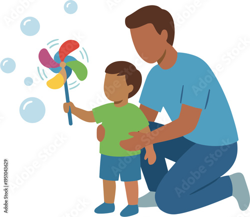 A man plays with a young boy holding a colorful pinwheel outdoors