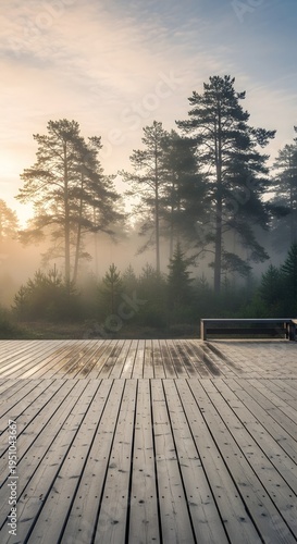 Wooden deck overlooking a misty pine forest at sunrise