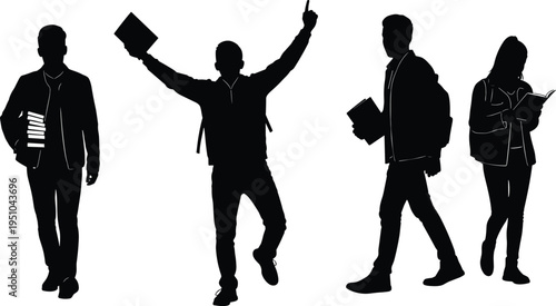 student silhouettes set with books and backpacks, university education concept, young people studying reading walking illustration collection