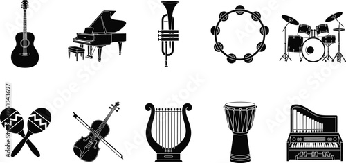 Flat vector illustration of ten different musical instruments silhouettes including guitar, piano, trumpet, tambourine, drum set, violin, lyre, djembe, organ