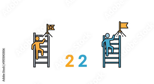 Two figures climbing ladders towards flags symbolizing goals.