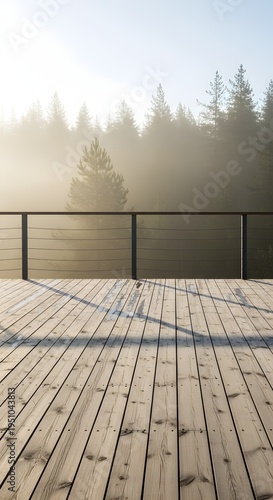 Wooden deck overlooking a misty forest landscape at sunrise