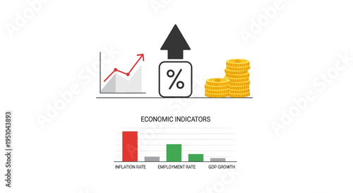 Financial infographic illustrating rising interest rates and economic indicators with graphs and coins in a business finance context.