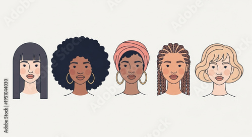 Diverse group of women faces with different hairstyles and ethnicities.