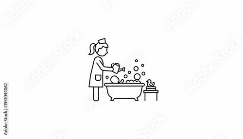 Child bathing with rubber ducky and bubbles in bathtub, caregiver pouring water