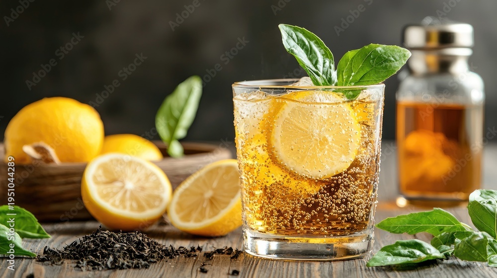 Fototapeta premium Refreshing glass of iced tea with lemon slices and fresh mint leaves on a rustic wooden table with scattered tea leaves and lemons in soft lighting