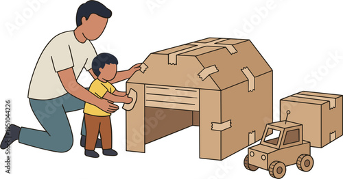 Father and son build cardboard house together at home with boxes