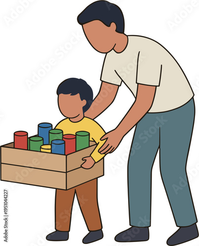 Father helps young boy carry a cardboard box filled with colorful blocks