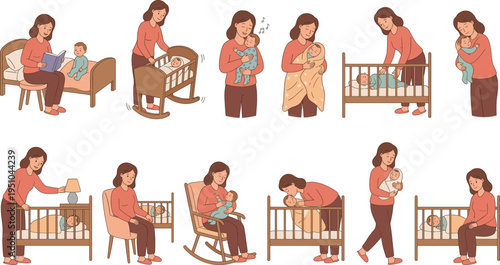 Mother Caring for Baby Daily Routine Set Featuring Feeding Rocking Cradle Reading Sleeping and Parenting Moments Cartoon Vector Illustration Collection