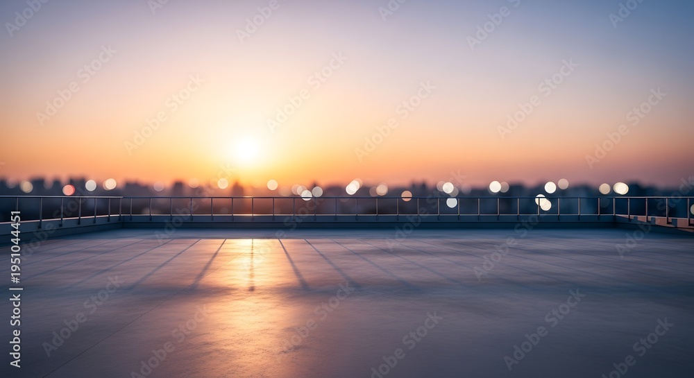 Fototapeta premium Empty rooftop terrace with city skyline view at sunset