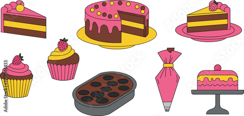 Cake and Cupcake Collection with Strawberry Frosting Layer Cake Muffin Baking Tray Pastry Bag and Dessert Elements Flat Vector Illustration for Bakery Design