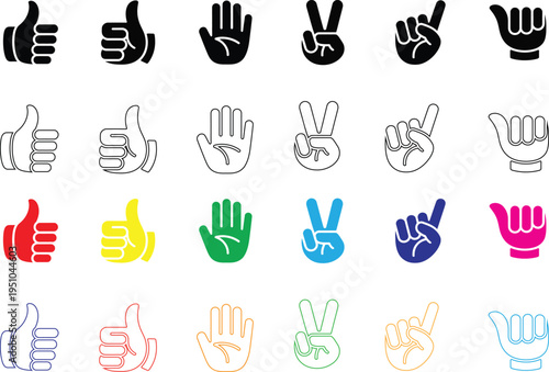 A collection of hand signs and gestures in various colors and styles