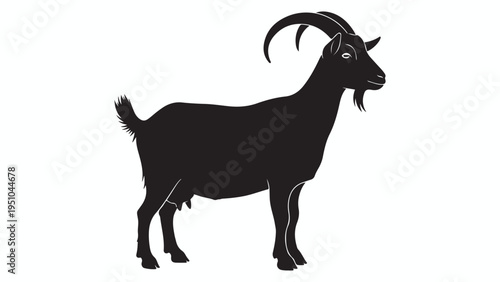 A minimalist black silhouette of a standing goat with curved horns isolated on a white background