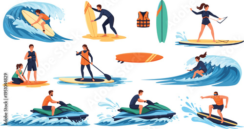 Water Sports Activities Illustration Set Featuring Surfing Paddleboarding Jet Ski Wakeboarding and Beach Adventure Cartoon Vector Collection