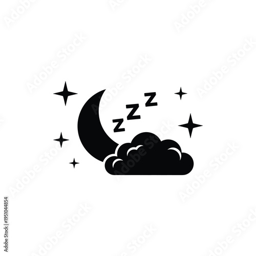 A crescent moon sleeps on a cloud under starry night sky