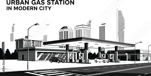Modern gas station vector illustration with city skyline, fuel pumps at urban service station, minimalist architectural design, petrol station icons, highway.