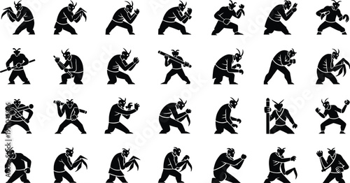 Collection of humanoid mantis warrior silhouettes featuring various combat stances fantasy battle poses and weapon handling for character game design. (20 words)