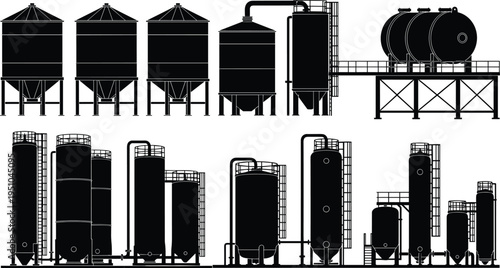Modern urban gas station vector illustration, city skyline with fuel pumps, minimalist black and white architectural design, petrol service station, energy.
