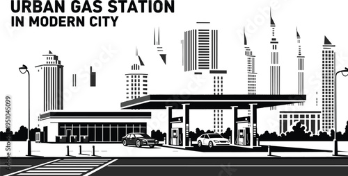 Modern urban gas station vector illustration with city skyline background, fuel pumps and cars, minimalist black and white architectural design, petrol.