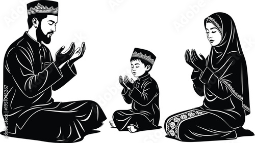 Muslim family praying together, father mother and son sitting on floor making Dua, Islamic prayer silhouette vector on white background.