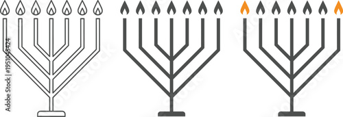 Hanukkah menorah candle set icons, jewish festival of lights symbol collection, traditional judaica holiday candles flat vector illustration