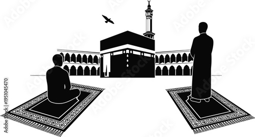 Muslim men praying on prayer rugs facing the Holy Kaaba in Makkah silhouette for Hajj Umrah Ramadan and Islamic religious concepts