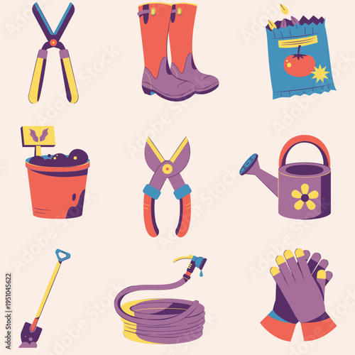 A cheerful and colorful array of essential gardening tools, including shears, boots, gloves, and watering cans, depicting a hobby of tending to plants and cultivating a vibrant outdoor space