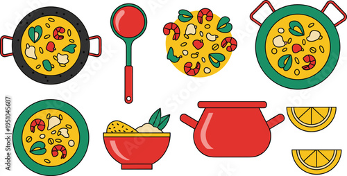 Paella Spanish Food Collection with Seafood Rice Pan Cooking Pot Ladle Lemon Slices and Traditional Cuisine Elements Flat Vector Illustration for Food Design