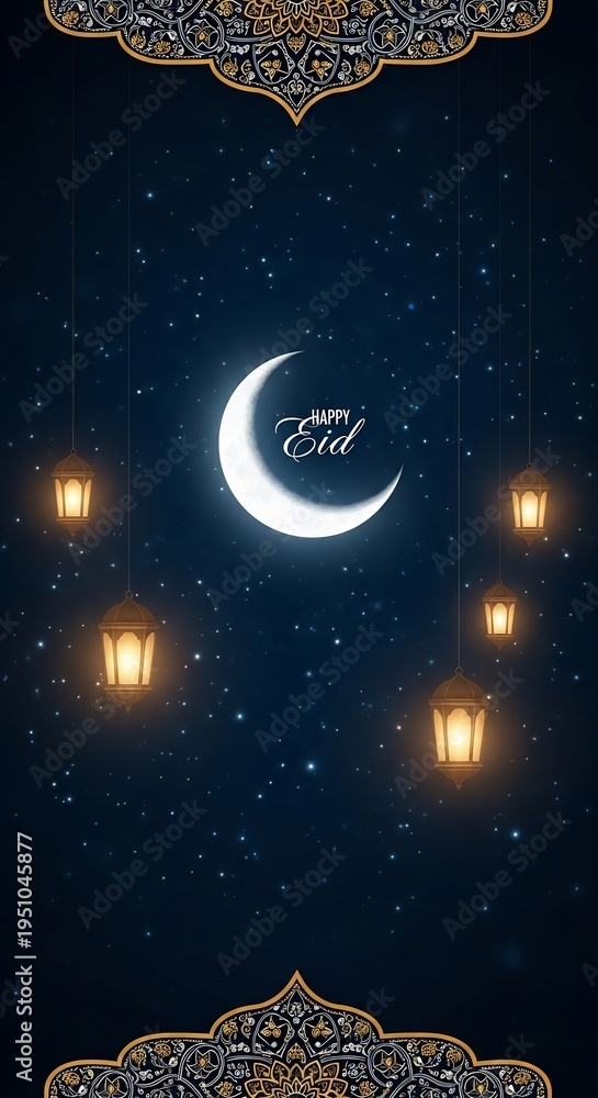 Fototapeta premium Beautiful Eid Crescent Moon and Lanterns in Starry Night Sky.