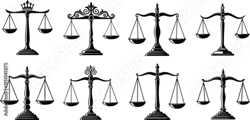 justice scale silhouettes collection, law balance symbols set, legal court concept illustration, judiciary balance icons isolated vector design