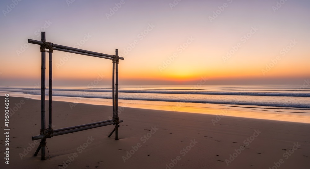 Fototapeta premium Empty wooden frame standing on sandy beach during beautiful sunrise