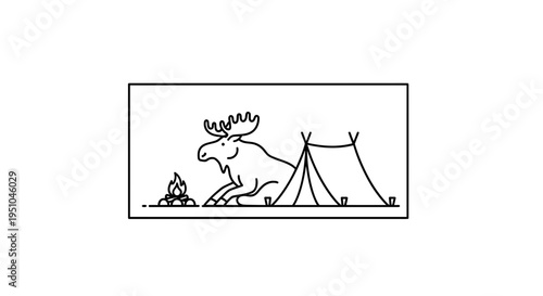 Moose camping by campfire and tent, minimalist line art illustration