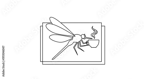 Mosquito drinking coffee, funny insect character, morning routine, hot beverage, line art illustration