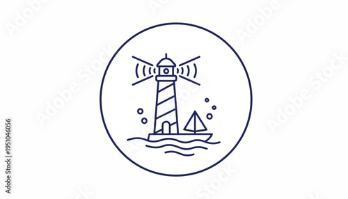 Nautical Lighthouse Guiding Sailboat on Wavy Sea, Minimalist Line Art Icon