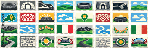 Grianan of Aileach Donegal Ireland Landmark Stamp Set with Celtic Ringfort Irish Heritage Travel Icons