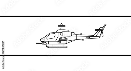 Outline of a military attack helicopter with rotor blades and gun, isolated on white background
