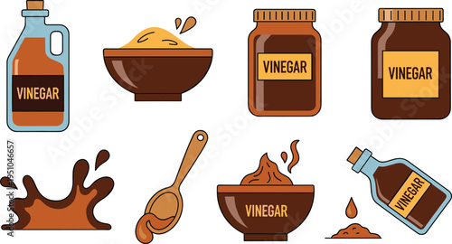 Vinegar Ingredient and Condiment Vector Set with Bottles Jars Bowls Spoon Splash and Powder Elements for Cooking Kitchen Food Preparation Illustration