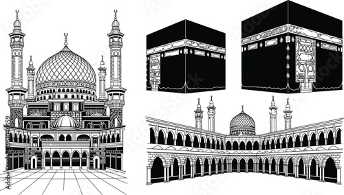 Set of Islamic architectural illustrations featuring the Holy Kaaba and Masjid al-Haram mosque for Hajj Umrah Ramadan and Eid concepts