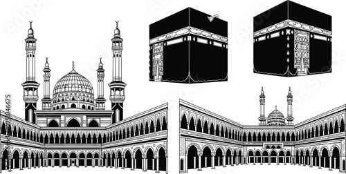 Set of Islamic architectural illustrations featuring the Holy Kaaba and Masjid al-Haram mosque for Hajj Umrah Ramadan and Eid concepts