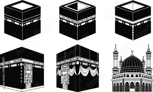 Set of Islamic icons featuring various Kaaba designs and a mosque silhouette for Hajj pilgrimage Ramadan and Eid religious concepts